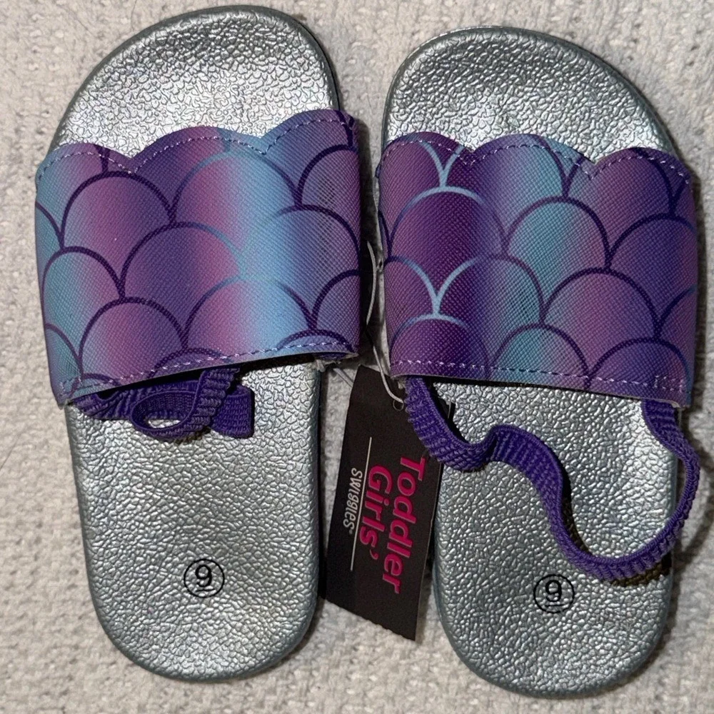Swiggles Toddler Girls Mermaid Scale Slide Sandals Silver Purple Size 9 NWT